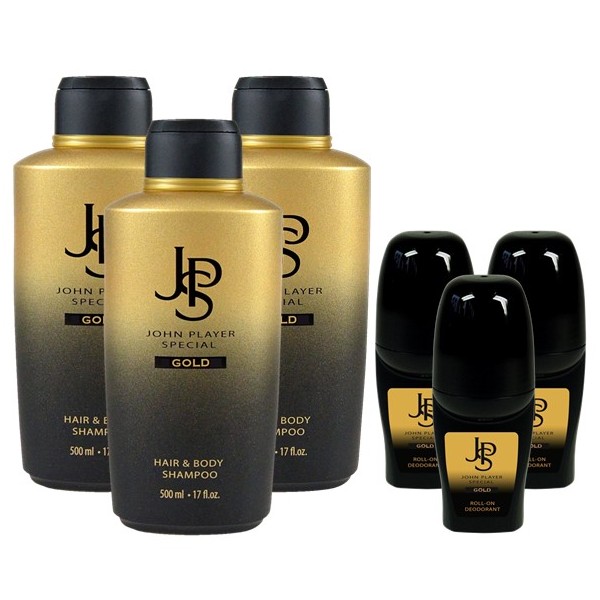 John Player Special Gold Hair & Body Shampoo 3x500 ml & Deo Roll-On 3x50 ml